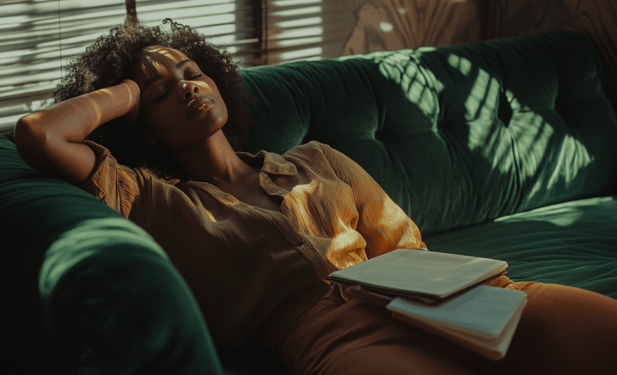 Black woman resting on couch with journal, drug-free sleep support Neurovana Calm Ultra