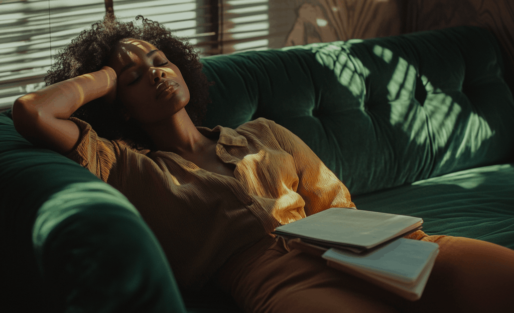 Black woman resting on couch with journal, drug-free sleep support Neurovana Calm Ultra