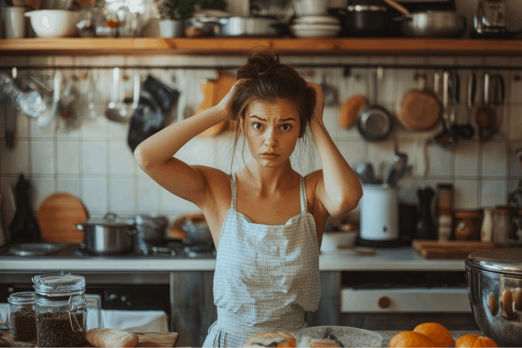 Stressed woman in a cluttered kitchen holding her head, looking worried while cooking, with pots, utensils, and ingredients spread around.